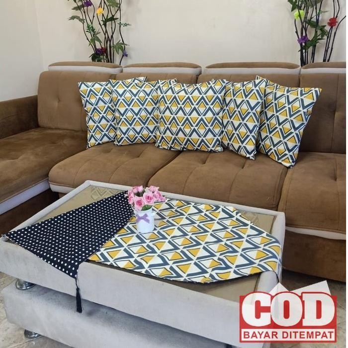 DK COD PAKET SARUNG BANTAL KURSI SOFA SET 5 PCS 40x40 DAN TAPLAK MEJA TAMU PREMIUM MEWAH ANEKA MOTIF