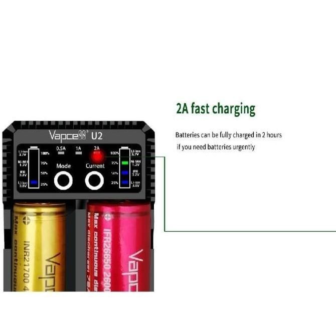 Vapcell U2 Fast Charger Baterai 18650 21700 Aaa Aa | Casan Vape 2 Slot