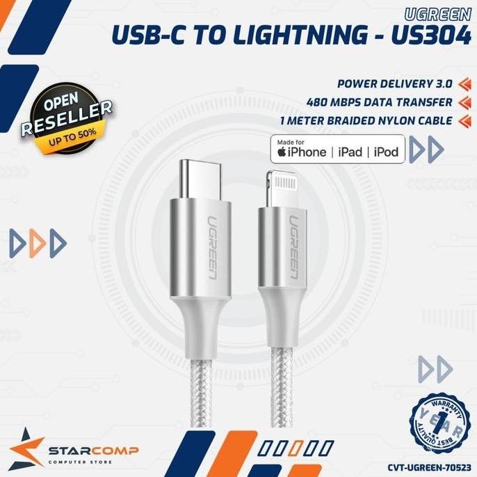 Ugreen 70523 Kabel Charger Usb Type C To Lightning Pd 1M Mfi Nylon Original