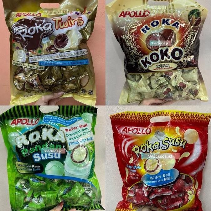 

APOLLO ROKA TWINS / ROKA KOKO / ROKA PANDAN SUSU / ROKA SUSU WAFER BALL COVERED WITH MILK CHOCOLATE 250GR