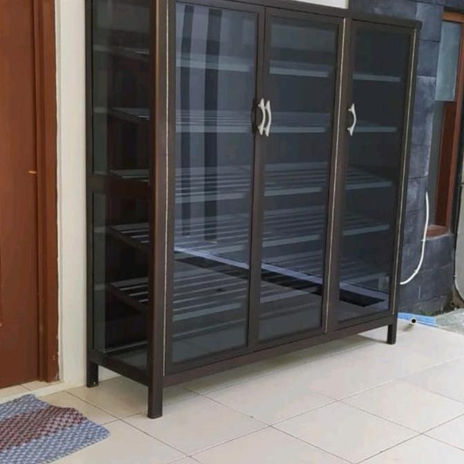 TERMURAH - LEMARI SEPATU ALUMUNIUM COKLAT 2PINTU KACA RIBEN