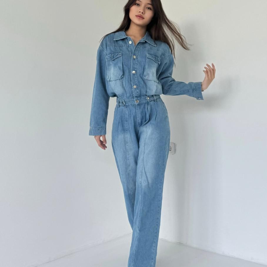Ladouce Angel Denim Jumpsuit Jumpsuit Jeans Wanita Jumpsuit Panjang Denim