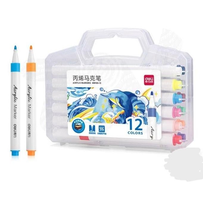 

Spidol Akrilik DELI Acrylic Marker 12 Warna / 24 warna Spidol Kain Kayu Kaca Tahan AIr