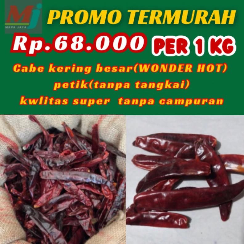 

Elegan Cabe Besar(Wonder Hot)Kering/1Kg/Petik(Tanpa Tangkai /Cabai Merah Besar Kwalitas Super