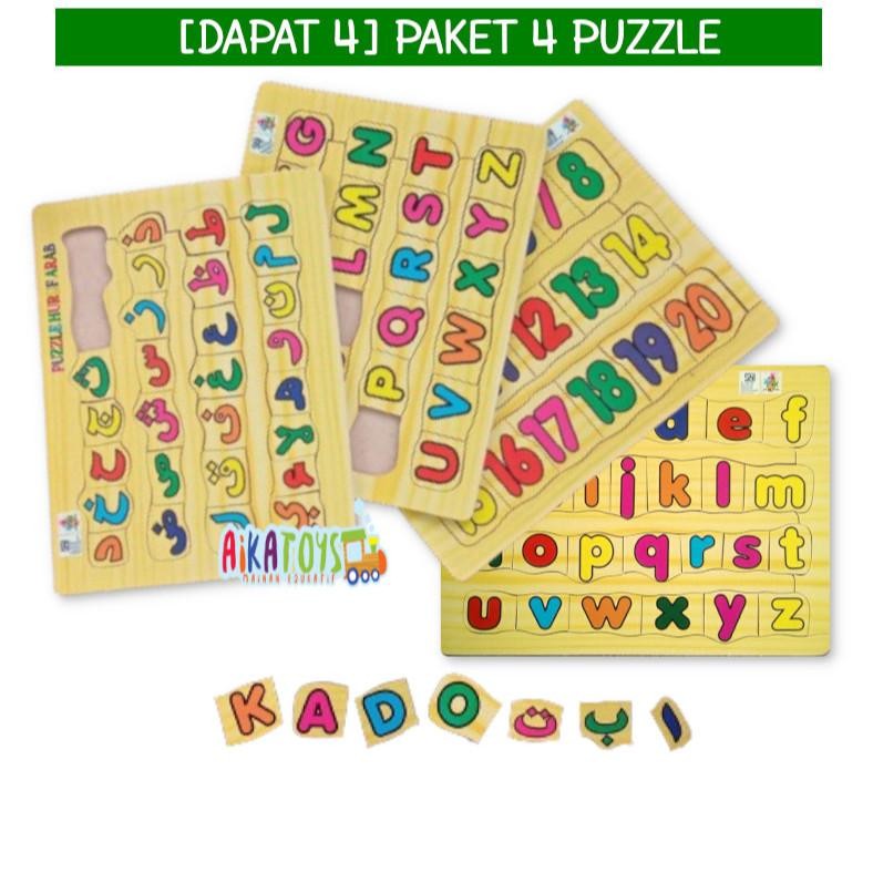 Mainan Edukasi Paket 4 dan 3 Pcs Mini Puzzle Huruf Besar Hijaiyah Lowercase Angka SNI Promo Mainan E