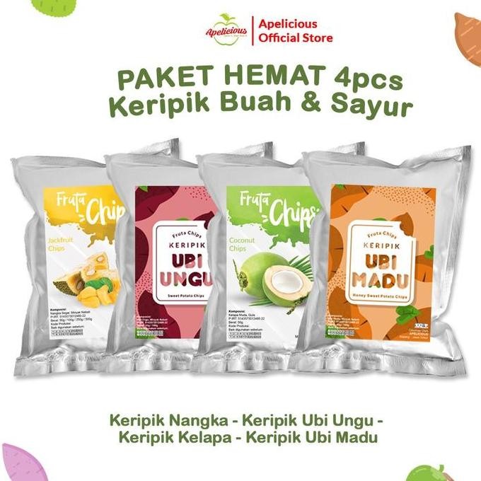 

TERMURAH PAKET HEMAT 4 KERIPIK BUAH (NANGKA, APEL, KELAPA, UBI MADU) SNACK SEHAT