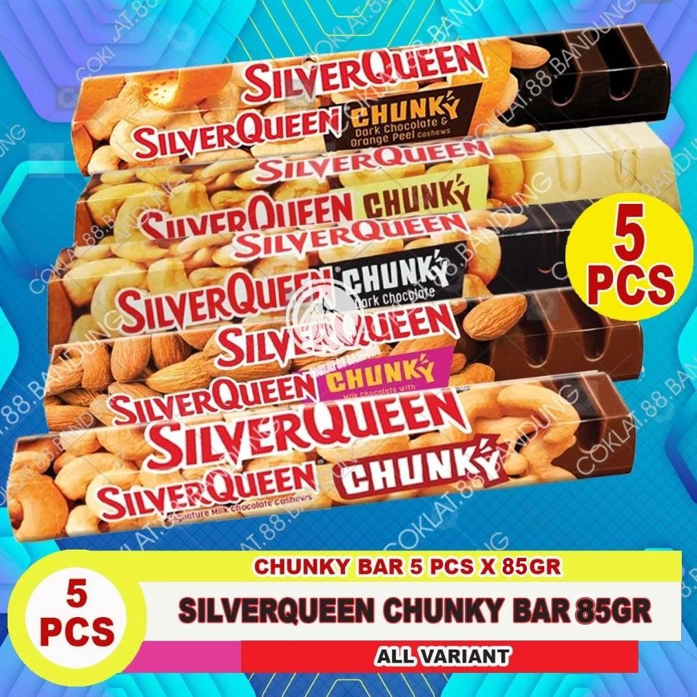 

Coklat Silverqueen Chunky Bar Isi 5 Pcs X 85 Gr Ex 95 Gr, Silverqueen Chunky Bar 85Gr Almond Mede