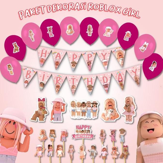 ready DEKORASI ULTAH ROBLOX GIRL CEWE HBD HAPPY BIRTHDAY HIASAN BANNER BALON