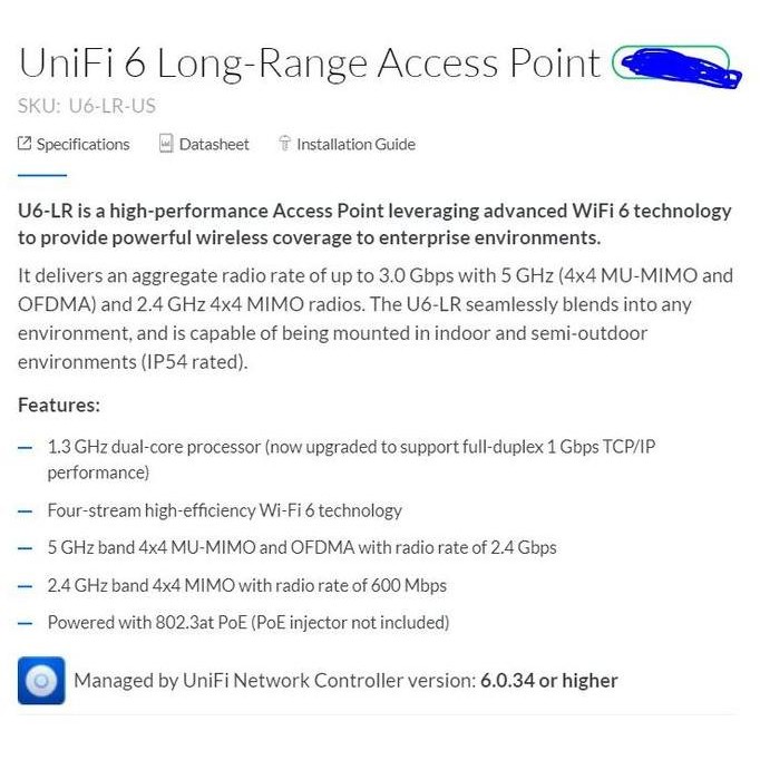 Ubiquity U6-Lr Unifi 6 Long-Range Access Point ( U6-Lr ) U6 Lr Ap New Stok