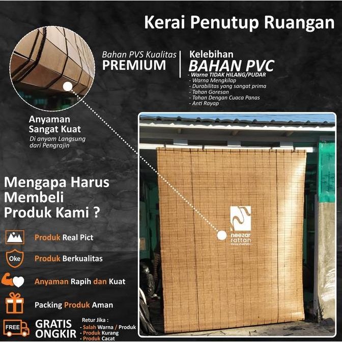 Tirai Kerai Jendela Hujan Kamar Mandi Outdoor Pintu Rumah 250X250 Cm