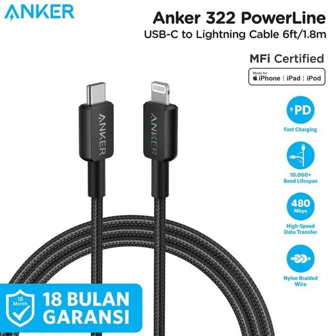 ASLI KABEL IPHONE ANKER 322 TYPE-C TO LIGHTNING 20W PD MFI ORIGINAL