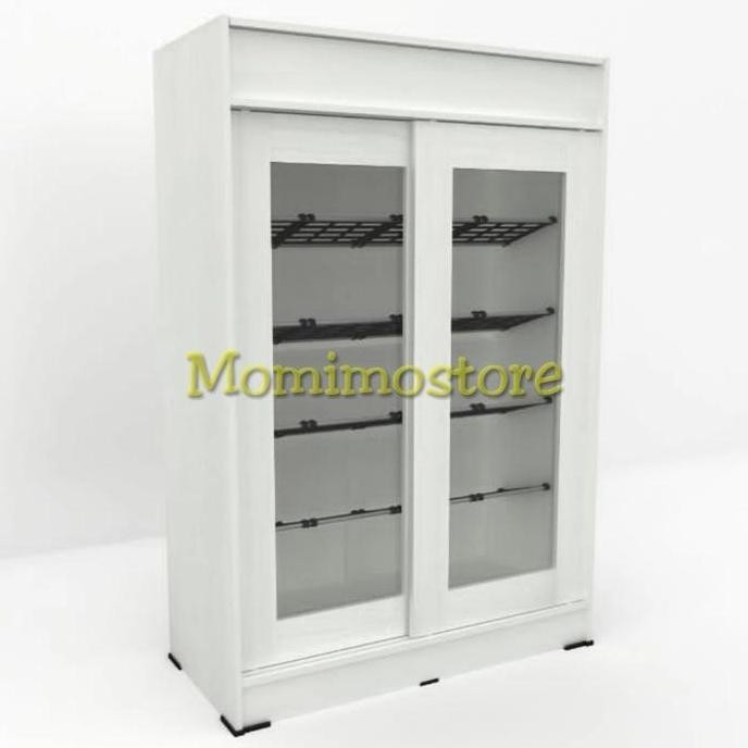 LEMARI RAK SEPATU PINTU GESER SLIDING KACA RAK SEPATU PUTIH MINIMALIS