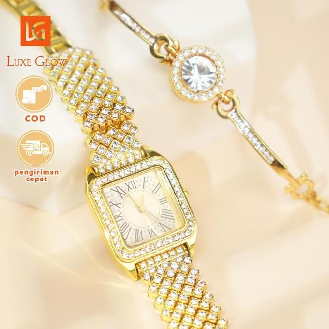 new  LuxeGlow COD Warna Emas Berkilauan Jam Tangan KoreaElegan Jam Tangan Wanita AnggunOriginal Tali