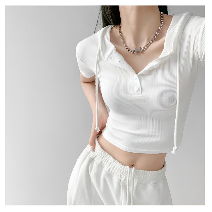 [Miss YoYo]Slim Hooded Button up Short Sleeve Crop Top S/M/L