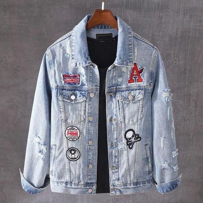 JAKET JEANS DENIM BORDIR TEMPEL BLUE TERBARU COWOK CEWEK KEREN