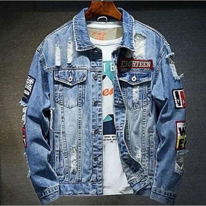 JACKET JEANS TEMPEL bordirAN NEW SPRME EBLEM BIO BLITZZ pria bordir denim  logo  jaket distro cowok 