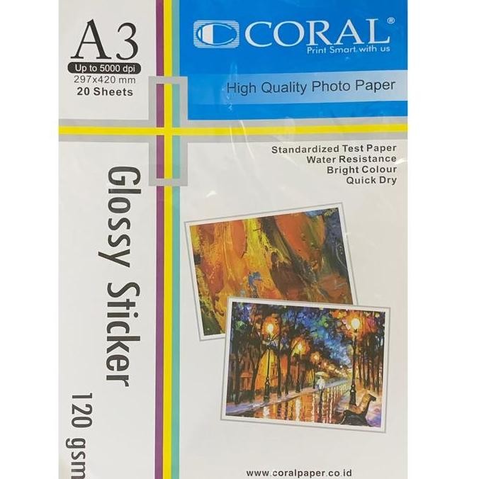 

new !!! CORAL KERTAS A3 GLOSSY STICKER 120Gsm isi 20 lembar