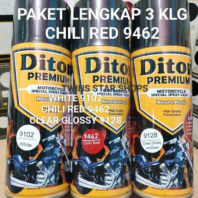

Diton Premium Paket Lengkap 3 Kaleng 400cc Merah Cabe Chili Red Mengkilap 9462 White 9102 Clear Glossy 9128 Pilox Pilok Cat Semprot Spray Paint