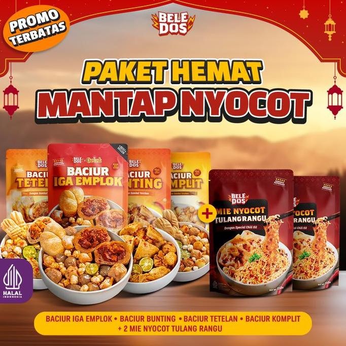 

SPECIAL DAPAT 6 PCS Beledos Paket Mantap LengkapPangsit Nyocot Tulang RanguPangsit Nyocot Ayam Keju Mie Nyocot Tulang Rangu Chili Oil Pedas Baso Aci Pedas Baciur Sambal Taichan