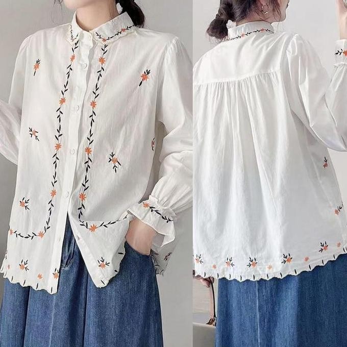 BLUS KEMEJA KATUN PUTIH BORDIR BUNGA ORANGE HITAM LENGAN PANJANG KOREA IMPORT