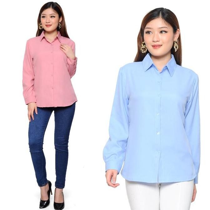 Kemeja Formal Kerja Wanita Kantor Putih Hitam Polos Lengan Panjang Atasan Kemeja Blouse Putih Wanita