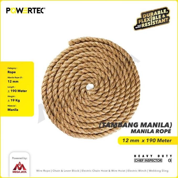 

Terlaris Powertec Tali Tambang Manila Rope 12Mm X 190M X 19Kg Tampar Dadung Ready Stok