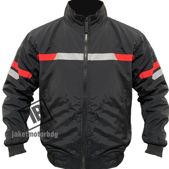Jaket Bomber Motor Hitam List Merah Tahan Percikan Air Tebal Dan Motif Sporty
