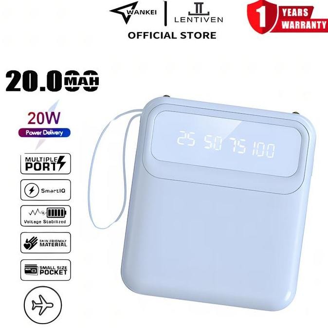 powerbank mini 20000mah wankei lentiven - 4 kabel, senter, led display berkualitas