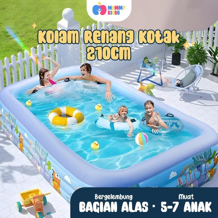 Mommykiddo - (Tanpa Pompa) Kolam Renang Dino Jumbo Kolam Renang Anak Kotak Alas Bergelembung 210 Cm