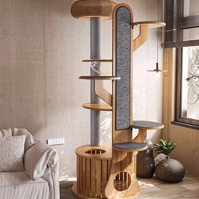 Fg Pohon Kucing Kayu Pinus Kapsul Ruang Mewah Untuk Kucing Besar Lompatan Lancar