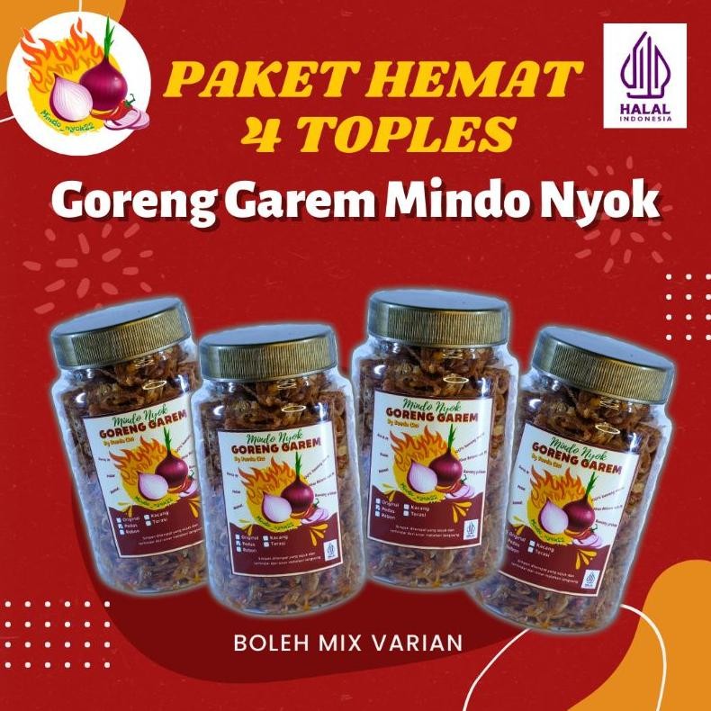 

Paket Hemat 4 Toples Bawang Goreng Khas Betawi ( goreng garem ) Mindo nyok 100% bawang murni Nugi