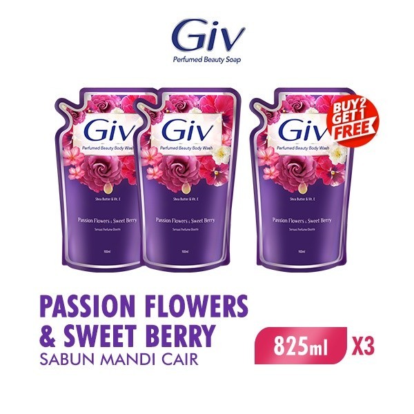 Giv Sabun Mandi Cair Ungu Passion Flowers & Sweet Berry Pouch 800 ml x3 - Gambar 3