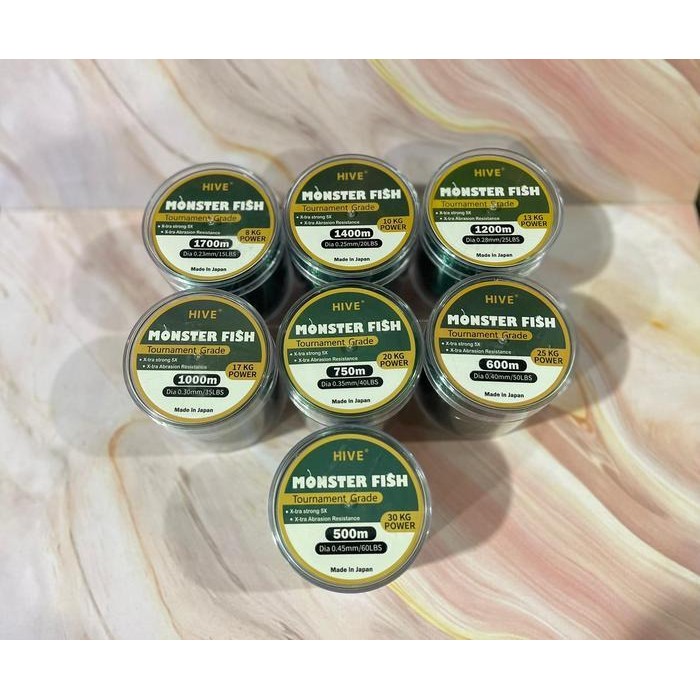 Hive Monster Fish Senar Pancing Kuat 500M-1800M Bahan Nilon Impor Japan Max Drag 6-30Kg