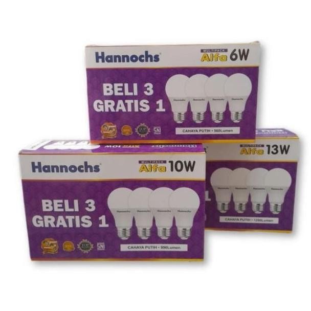 LAMPU HANNOCHS LED BULB ALFA 6W 10W 13W PAKET BELI 3 GRATIS 1 BOHLAM LED HANNOCHS ALFA MULTIPACK 6 W
