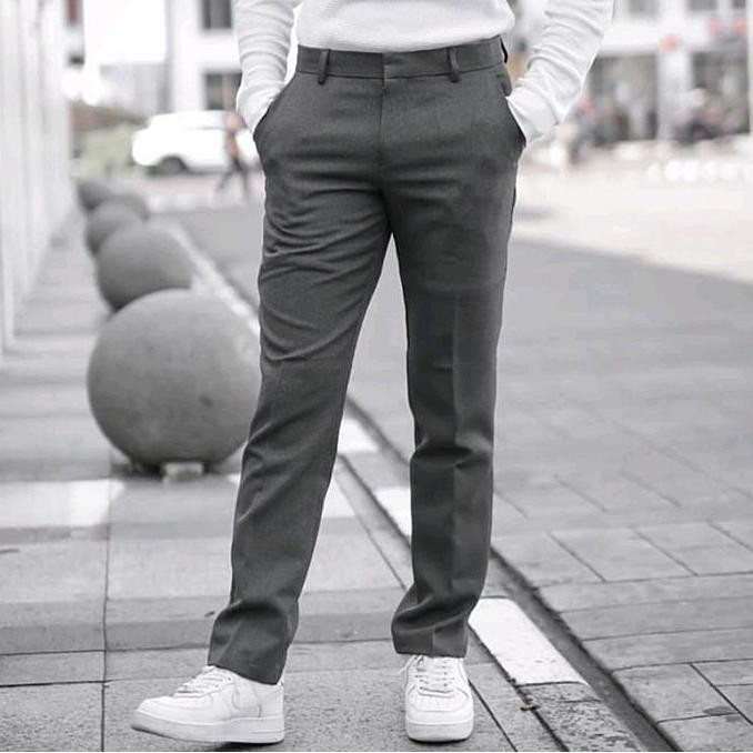 OKS Celana Formal Kantor Kerja Bahan Pria Slim Fit Kain Wool Hitam Panjang