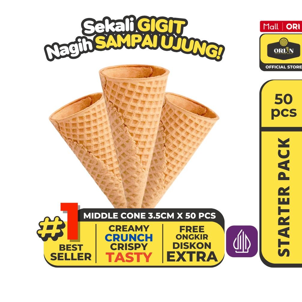 

ORLIN Starter Pack Middle Waffle Cone Ice Cream 3,5cmx10cm isi 50pcs Sekali Gigit,Nagih Sampai Ujung Nugi