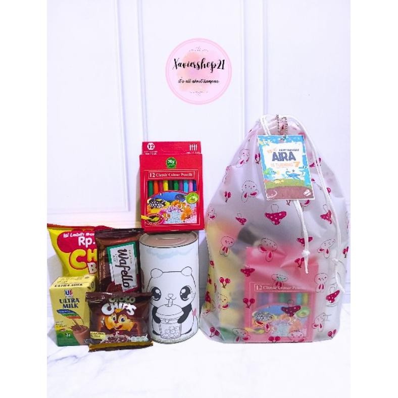 

Paket Snack + Sovenir Celengan dan Pensil Warna Kemasan Pouch Serut Nugi