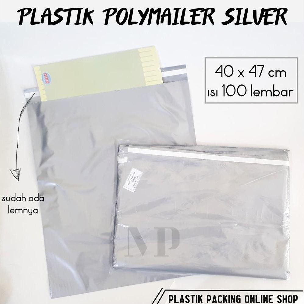 

Plastik Polymailer Silver 40 x 47 cm isi 100 pcs Packing Online Shop Kantong Lem Seal Amplop Glossy Nugi