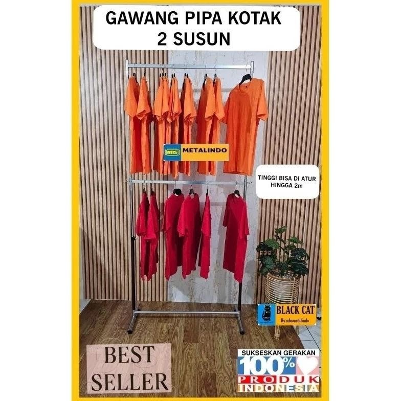Terlaris Gawang Gantungan Baju Tinggi 2M Gawang Pipa Kotak 2 Susun