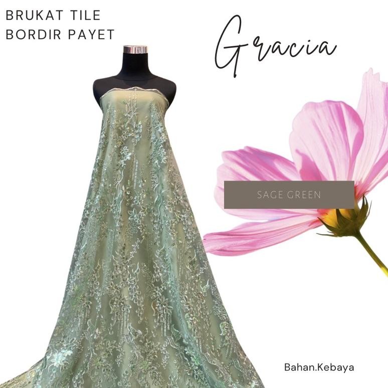 DF245>> Kain Bahan Kebaya Brukat Tile Tulle Bordir Gracia Mewah Warna Sage Green Hijau