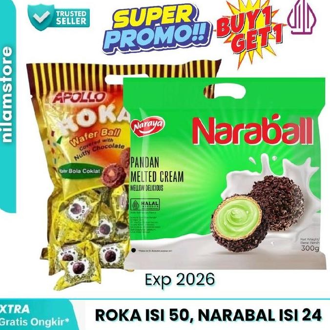 

Promo BUY 1 GET 1 Roka 50pcs + Narabal Pandan 24pcs - Cemilan Cokelat Snack Termurah