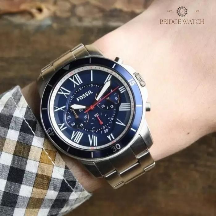 Jam Tangan Pria Fossil Grant Sport Fs5238 Men Chronograph Blue Dial Stainless Steel Mewah Original