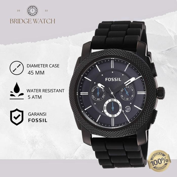 Jam Tangan Pria Fossil Machine Fs4487 Chronograph Black Rubber Silicone Casual Sporty Original