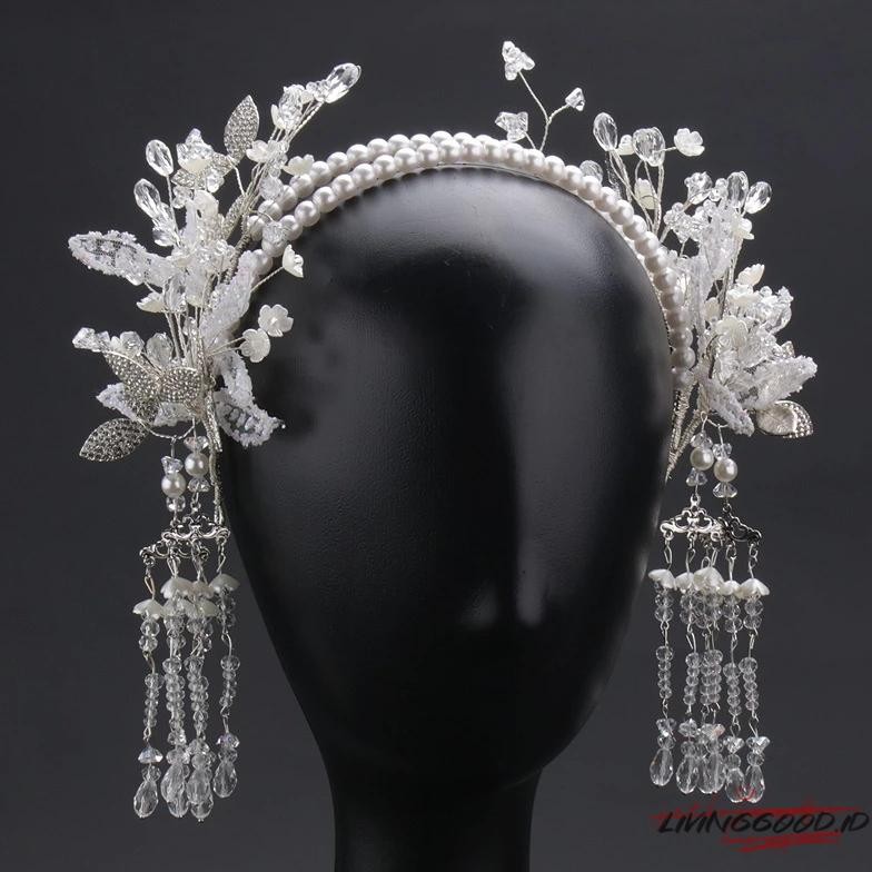 Terbaru - GETNOIVAS Tiara pengantin gaya Korea rumbai kristal super peri buatan tangan ikat kepala m