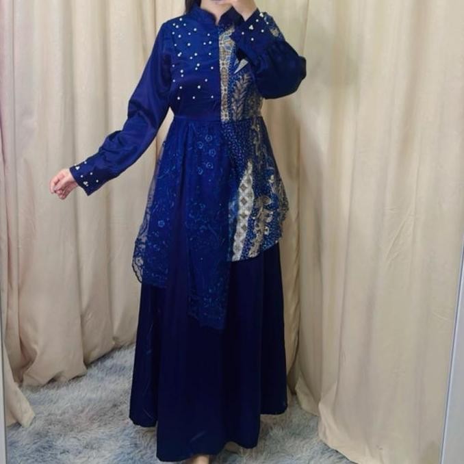 Dress Tiara Batik Kombinasi Velvet Wanita Pernikahan Formal Pesta Kondangan Gaun Mewah XL - Satin, N