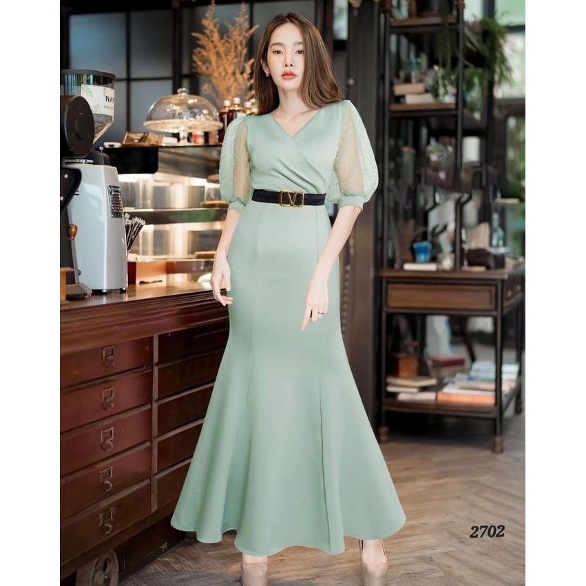 Joanne Fashion - Long Dress Wanita Pesta Kondangan Mewah Elegan Formal Lengan Tile Puffy Rok Duyung 