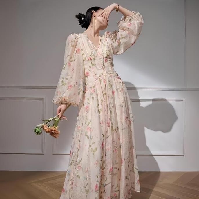 [FANMU] Gaun bunga fairy rok Sifon  panjang Casual Wanita Dress Baju Floral Motif Midi Pantai