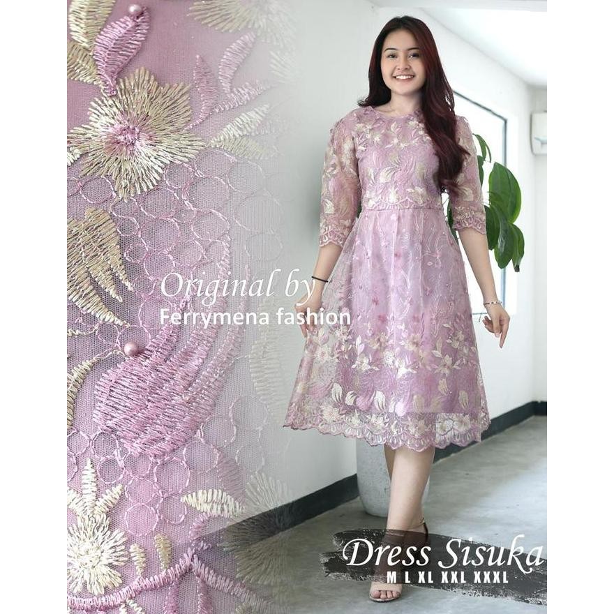 Dress Midi Natal Brokat Pakaian Natal Wanita Gaun Gereja Baju Tahun baru Natal Dress Tuton Remaja Pe