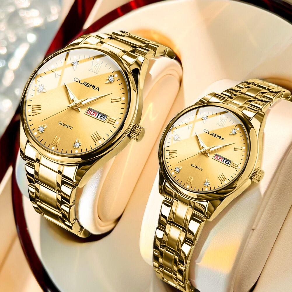Zjs Cuena Jam Tangan Couple Pasangan Anti Air Original Kalender Bercahaya Stainless Steel Analog Jam