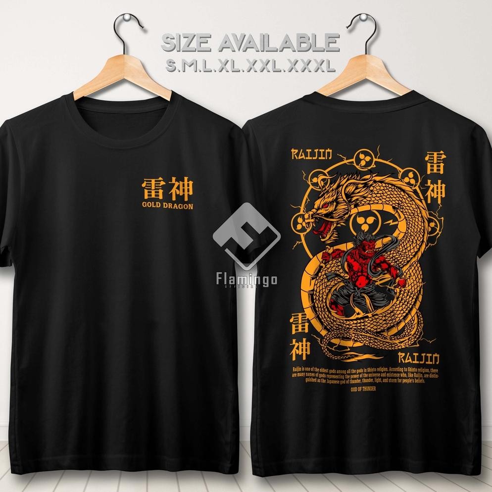 Promo Kaos Raijin Gold Dragon God Of Thunder Baju Distro Japanese Series Cotton Combed 30S Tfa1560 T